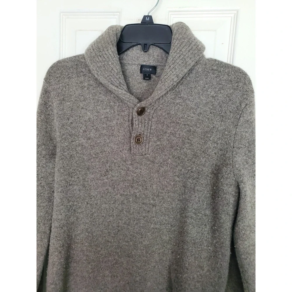J.Crew Shawl Collar Sweater Brown Lambswool Button Pullover Mens Medium